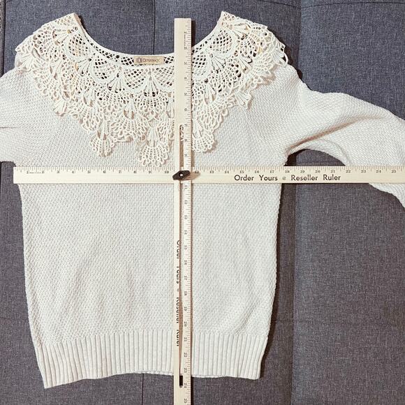 Democracy Sweater Women Small Cream Lace Collar Cable Knit Cottage Hippie Boho - Picture 3 of 6